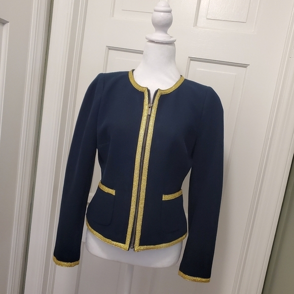 Banana Republic Navy With Gold Metallic Trim Blazer Zip Up Size 6, Business Cas. - Picture 1 of 15